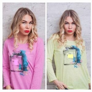 YELLOW OR PINK FASHION WOMEN TOP WITH  BOTTLE PICTURE